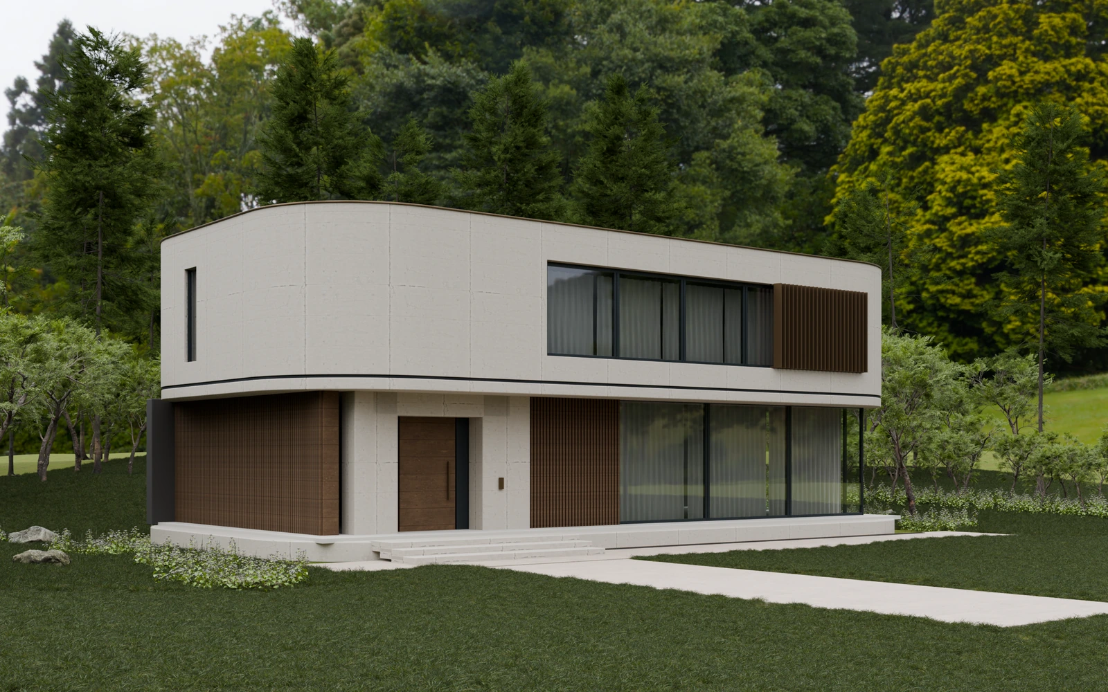 Architekturvisualisierung eines zweigeschossigen Wohnhauses mit heller Fassade, Holzlamellen, grossen Fenstern und bewaldeter Umgebung.